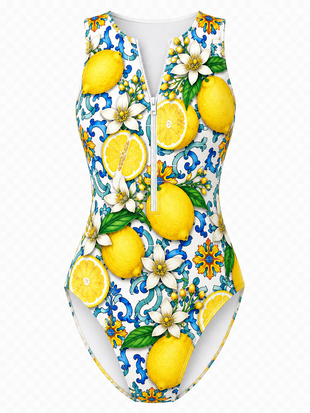 ZIP FRONT SLEEVELESS ONE-PIECE LEMON - SWEET CITRUS CRUSH