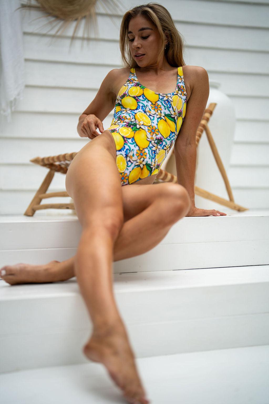 PLUNGE LOW BACK ONE-PIECE IN LEMON - SWEET CITRUS CRUSH - Salt Sand Swim