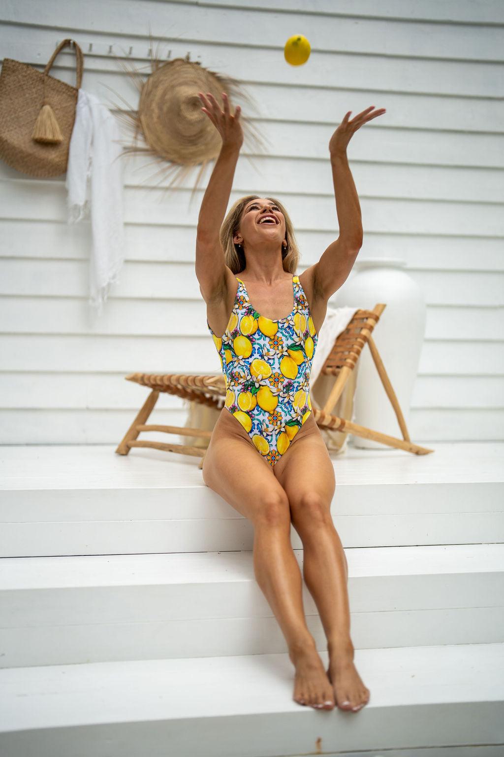 PLUNGE LOW BACK ONE-PIECE IN LEMON - SWEET CITRUS CRUSH - Salt Sand Swim