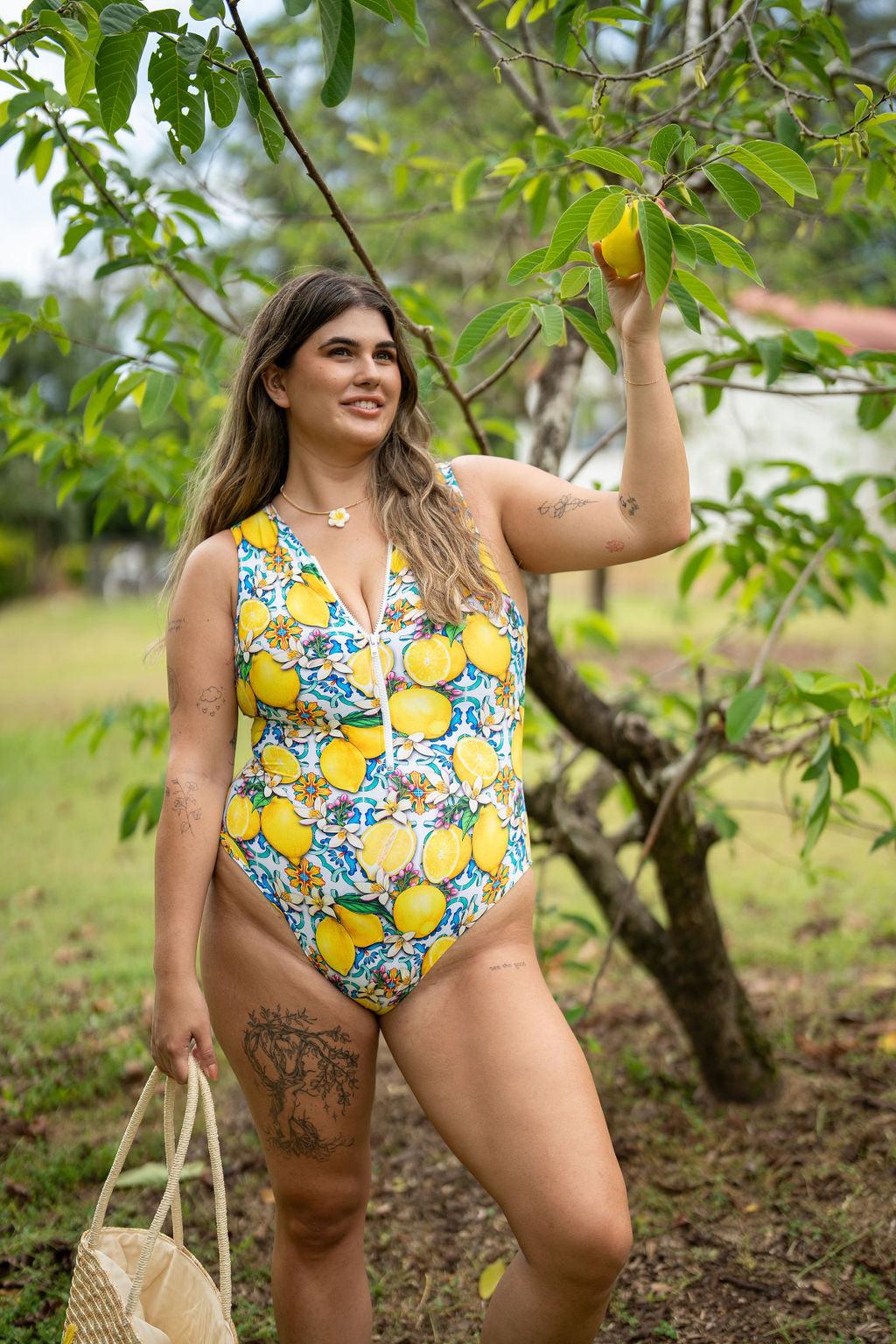 ZIP FRONT SLEEVELESS ONE-PIECE LEMON - SWEET CITRUS CRUSH - Salt Sand Swim