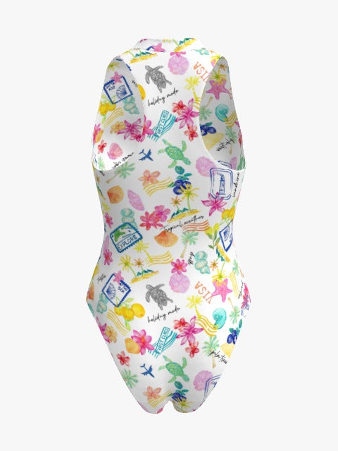 Waves & Wanderlust Racerback Zip Front One-Piece – Exclusive Postcard Print