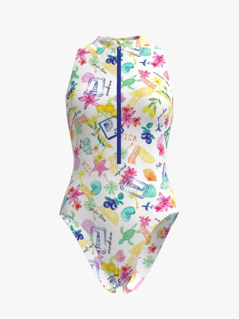 Waves & Wanderlust Racerback Zip Front One-Piece – Exclusive Postcard Print