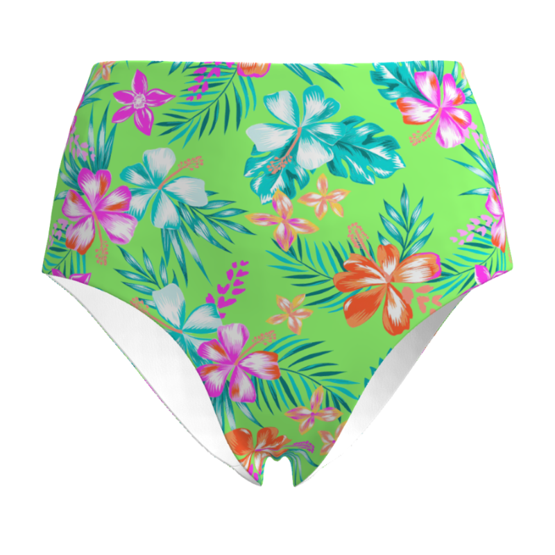 Neon Paradise High-Waisted Bikini Bottoms | Floral Green Swimwear