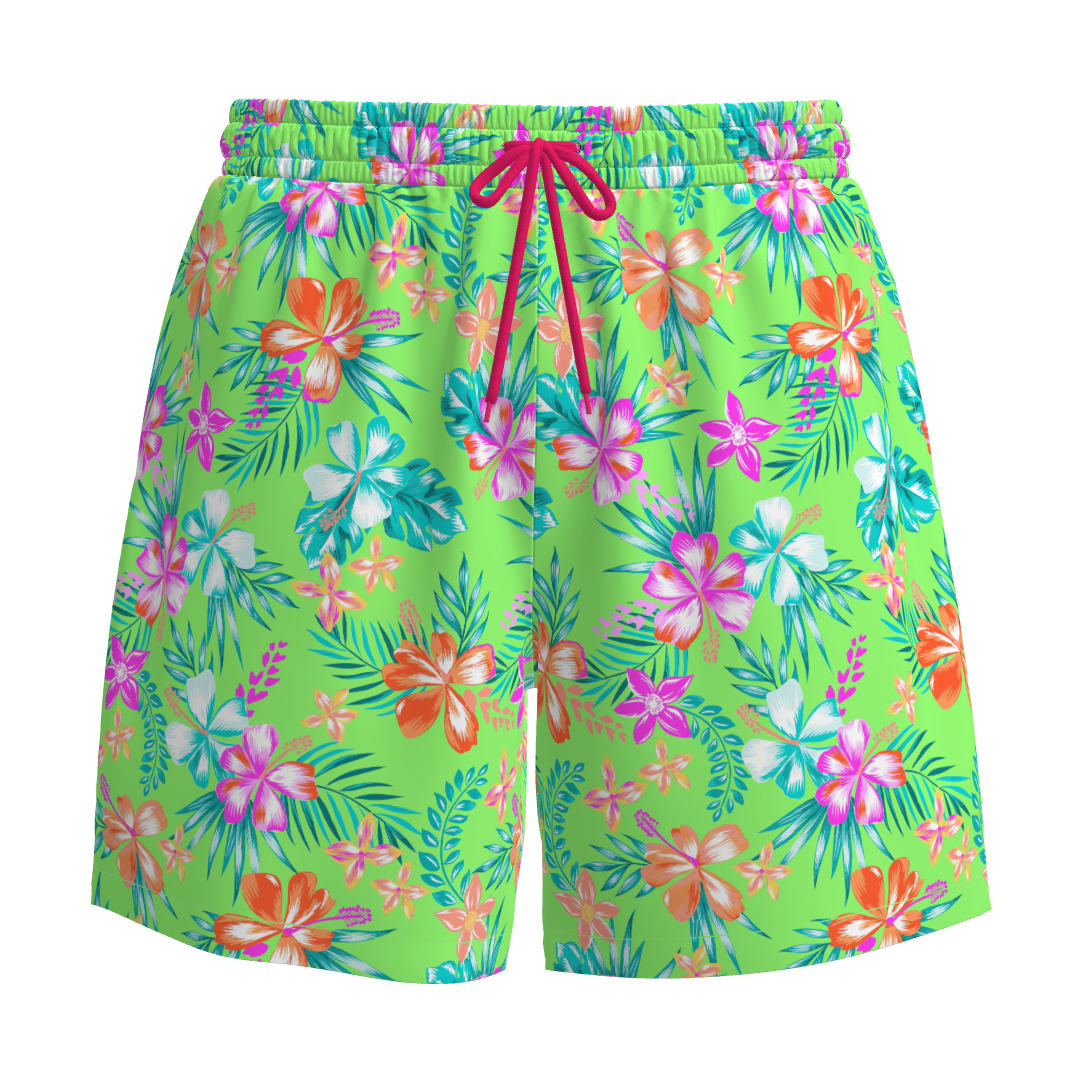 Neon Paradise Men’s Swim Boardshorts – Floral Green with Hot Pink Ties