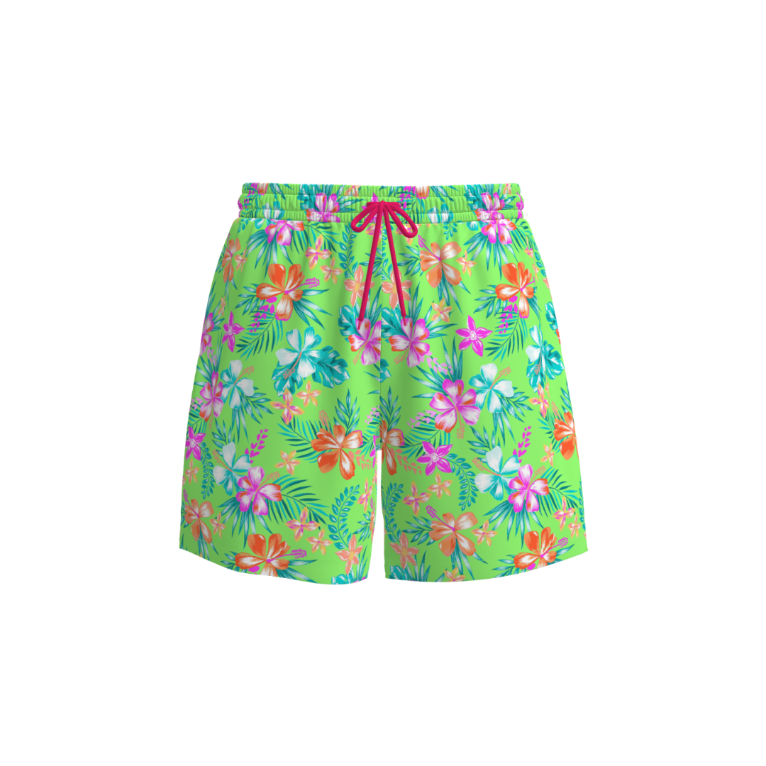 Neon Paradise Men’s Swim Boardshorts – Floral Green with Hot Pink Ties