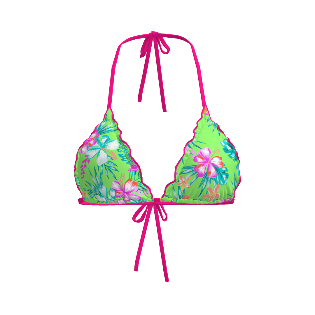 Neon Paradise Triangle Bikini Top – Floral Green with Hot Pink Ties