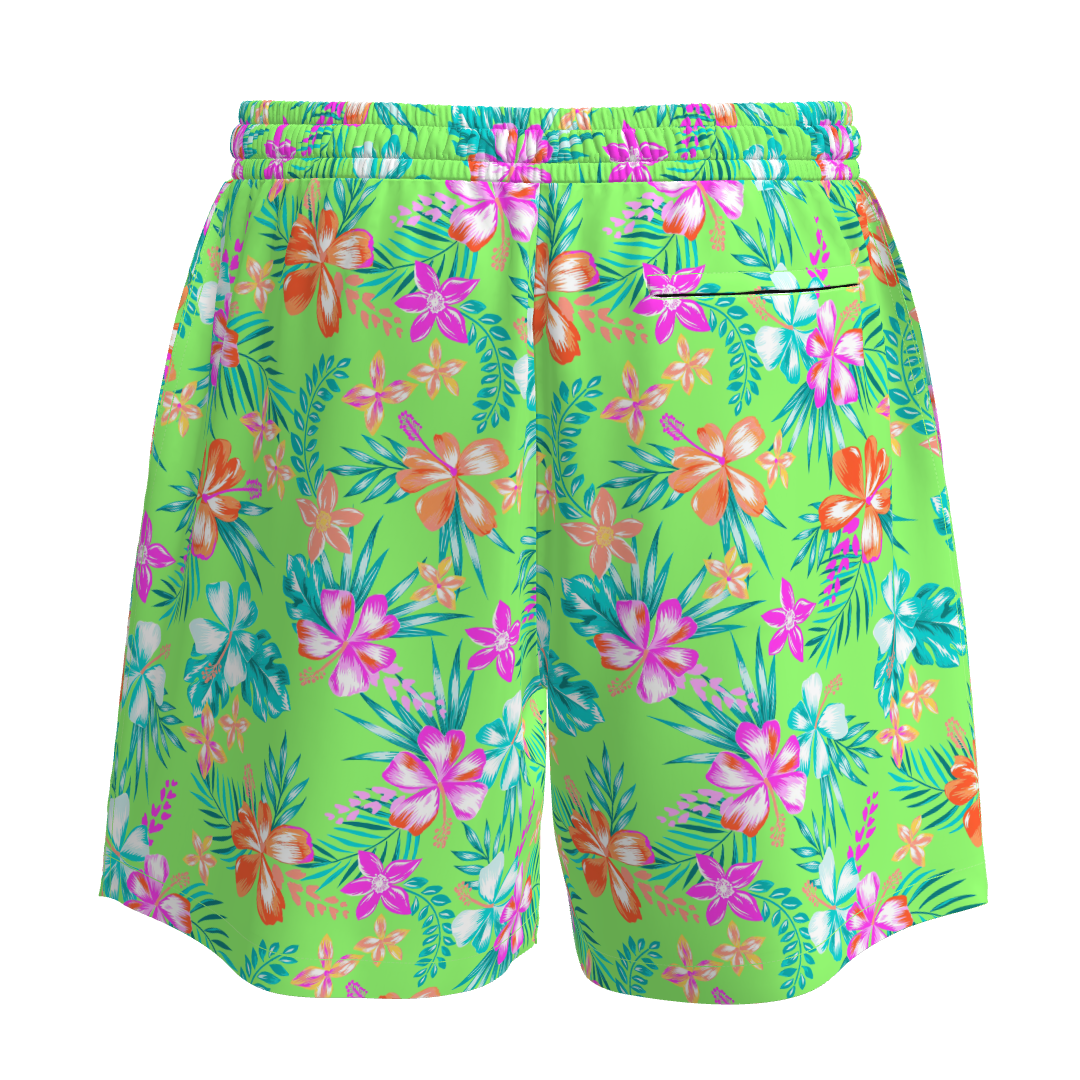 Neon Paradise Men’s Swim Boardshorts – Floral Green with Hot Pink Ties