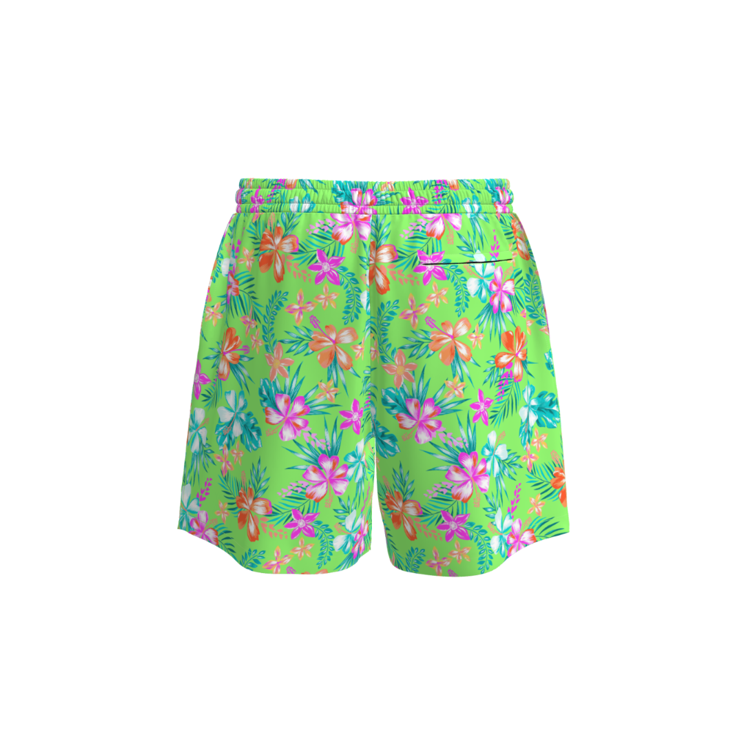 Neon Paradise Men’s Swim Boardshorts – Floral Green with Hot Pink Ties