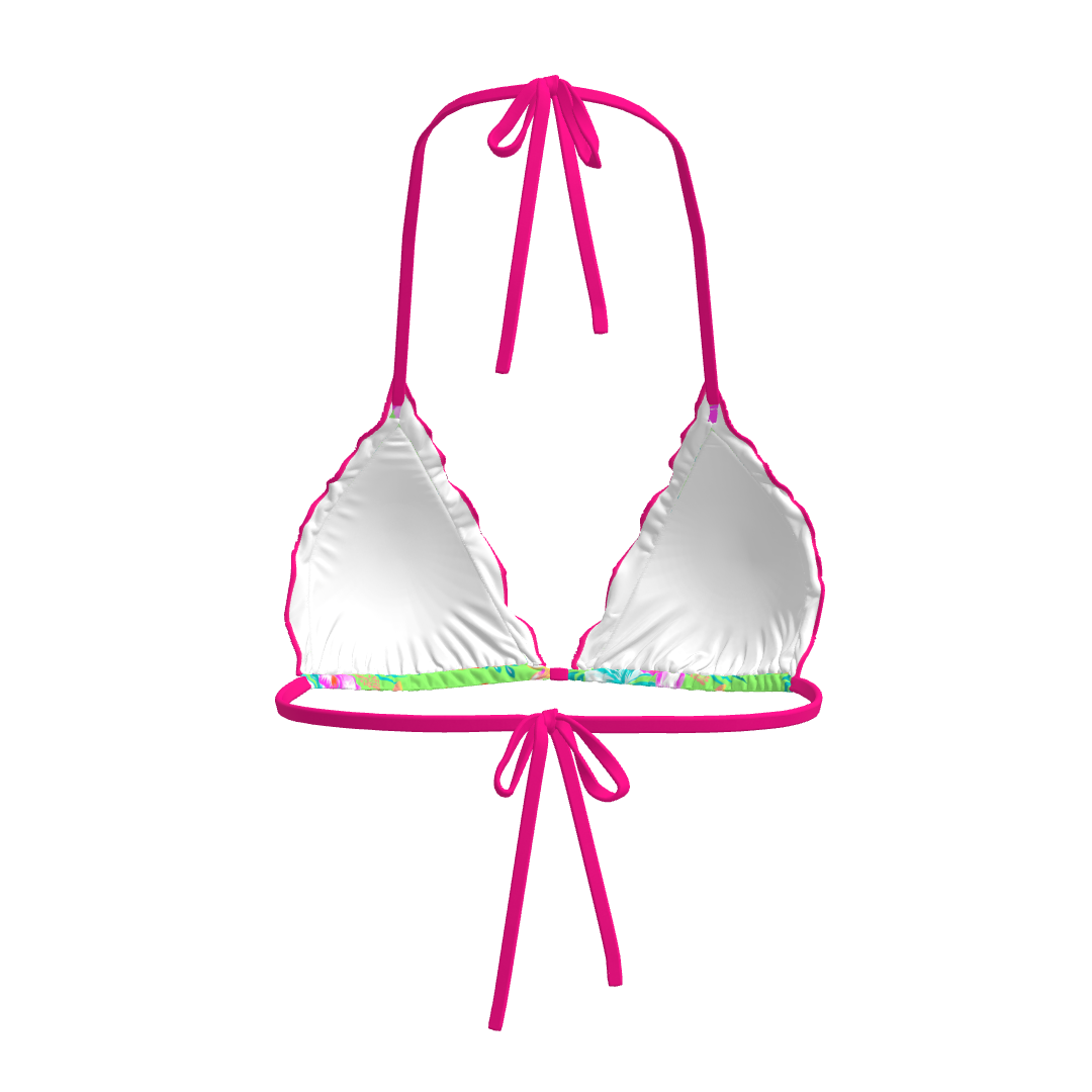 Neon Paradise Triangle Bikini Top – Floral Green with Hot Pink Ties