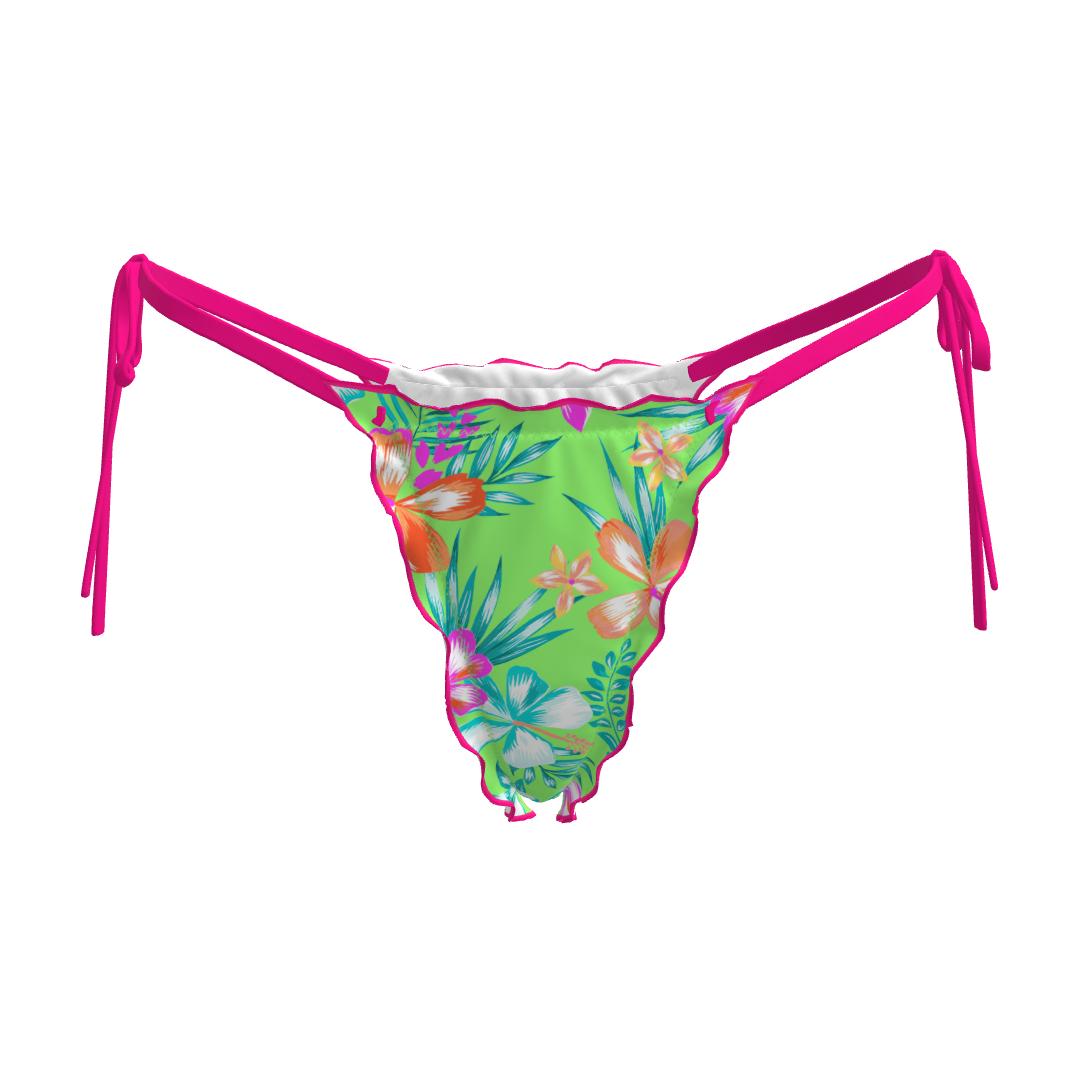 Neon Paradise Tie-Side Bikini Bottoms – Floral Green with Hot Pink Ties