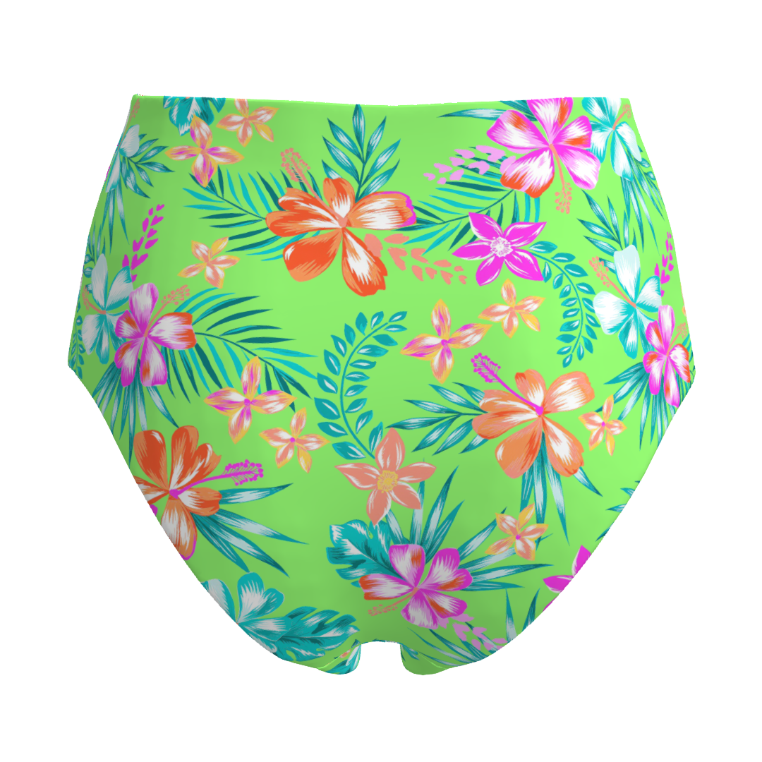 Neon Paradise High-Waisted Bikini Bottoms | Floral Green Swimwear