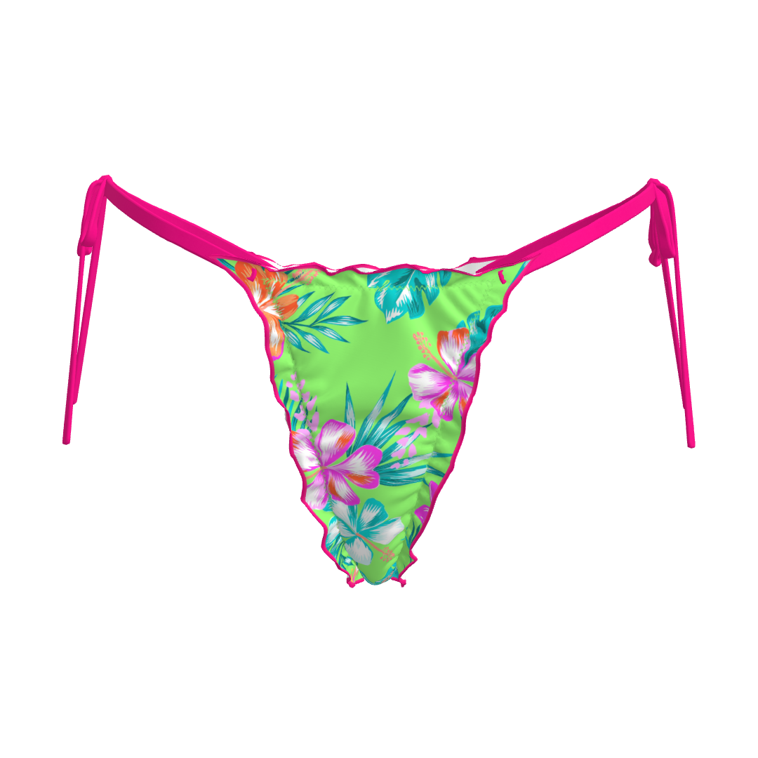 Neon Paradise Tie-Side Bikini Bottoms – Floral Green with Hot Pink Ties