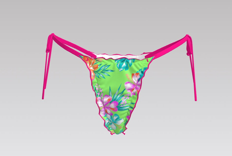 Neon Paradise Tie-Side Bikini Bottoms – Floral Green with Hot Pink Ties