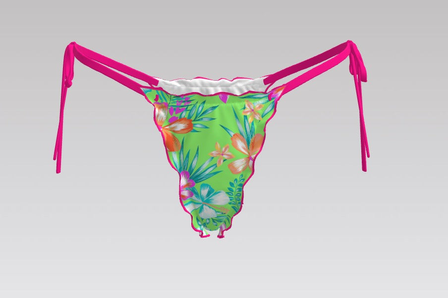 Neon Paradise Tie-Side Bikini Bottoms – Floral Green with Hot Pink Ties