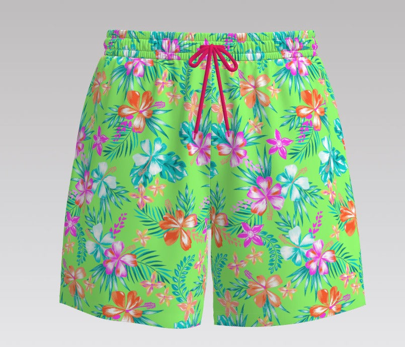 Neon Paradise Men’s Swim Boardshorts – Floral Green with Hot Pink Ties