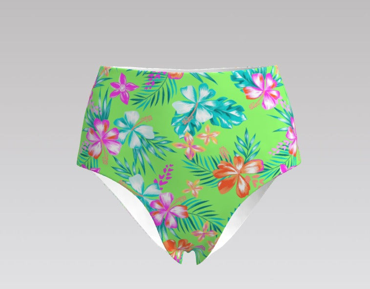 Neon Paradise High-Waisted Bikini Bottoms | Floral Green Swimwear