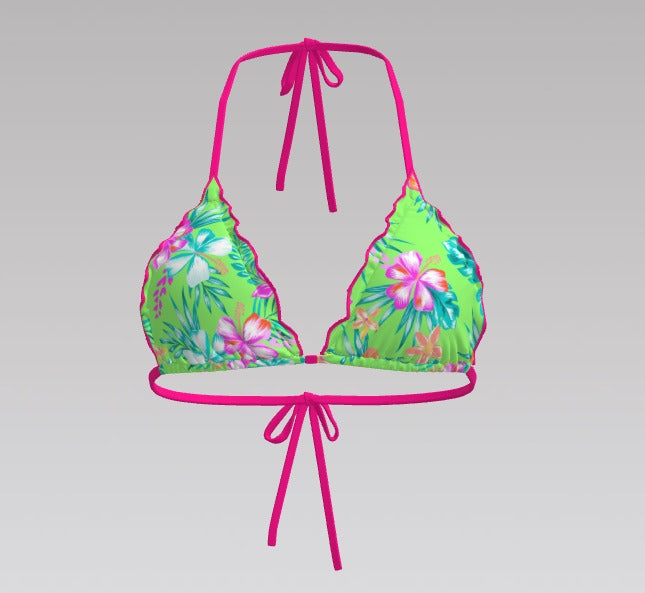 Neon Paradise Triangle Bikini Top – Floral Green with Hot Pink Ties