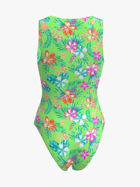 Neon Paradise Zip Front Sleeveless One-Piece| Floral Green Swimwear