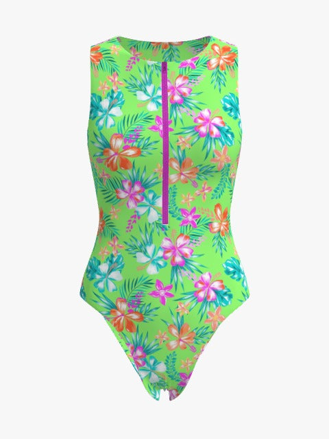 Neon Paradise Zip Front Sleeveless One-Piece| Floral Green Swimwear