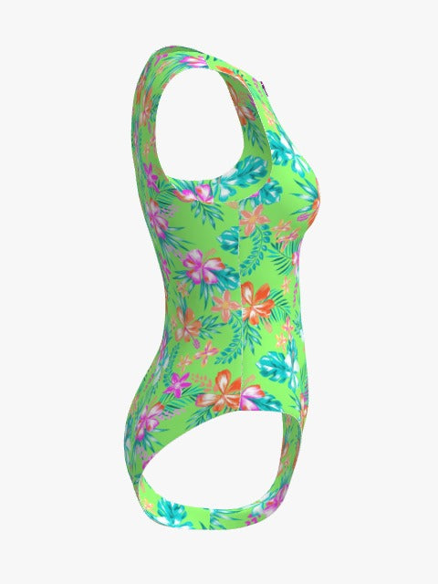 Neon Paradise Zip Front Sleeveless One-Piece| Floral Green Swimwear