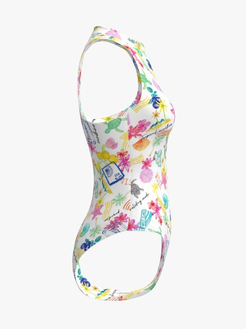 Waves & Wanderlust Racerback Zip Front One-Piece – Exclusive Postcard Print