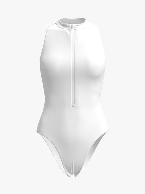 White Sands Racerback Zip Front One-Piece – Classic White