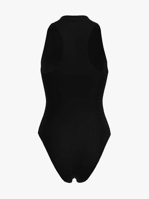 Midnight Black Racerback Zip Front One-Piece