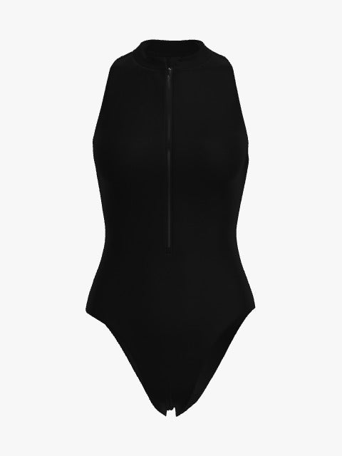 Midnight Black Racerback Zip Front One-Piece