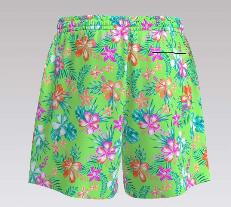 Neon Paradise Men’s Swim Boardshorts – Floral Green with Hot Pink Ties