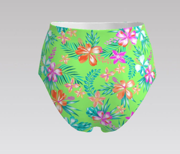 Neon Paradise High-Waisted Bikini Bottoms | Floral Green Swimwear