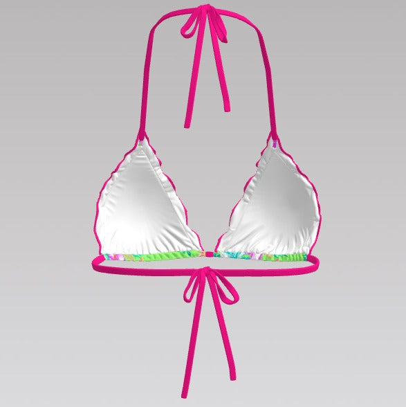 Neon Paradise Triangle Bikini Top – Floral Green with Hot Pink Ties